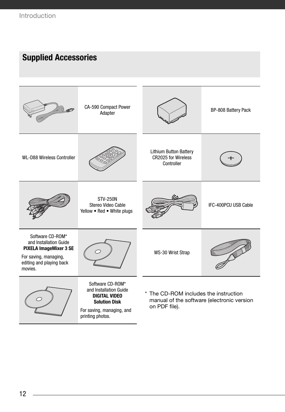 Overview, Supplied accessories, Introduction | Canon FS10 User Manual | Page 12 / 110