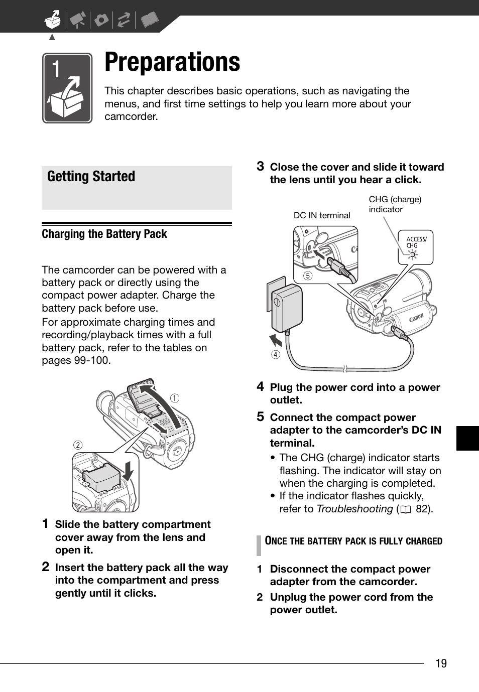 Preparations, Getting started, Charging the battery pack | Canon FS10 User Manual | Page 19 / 110
