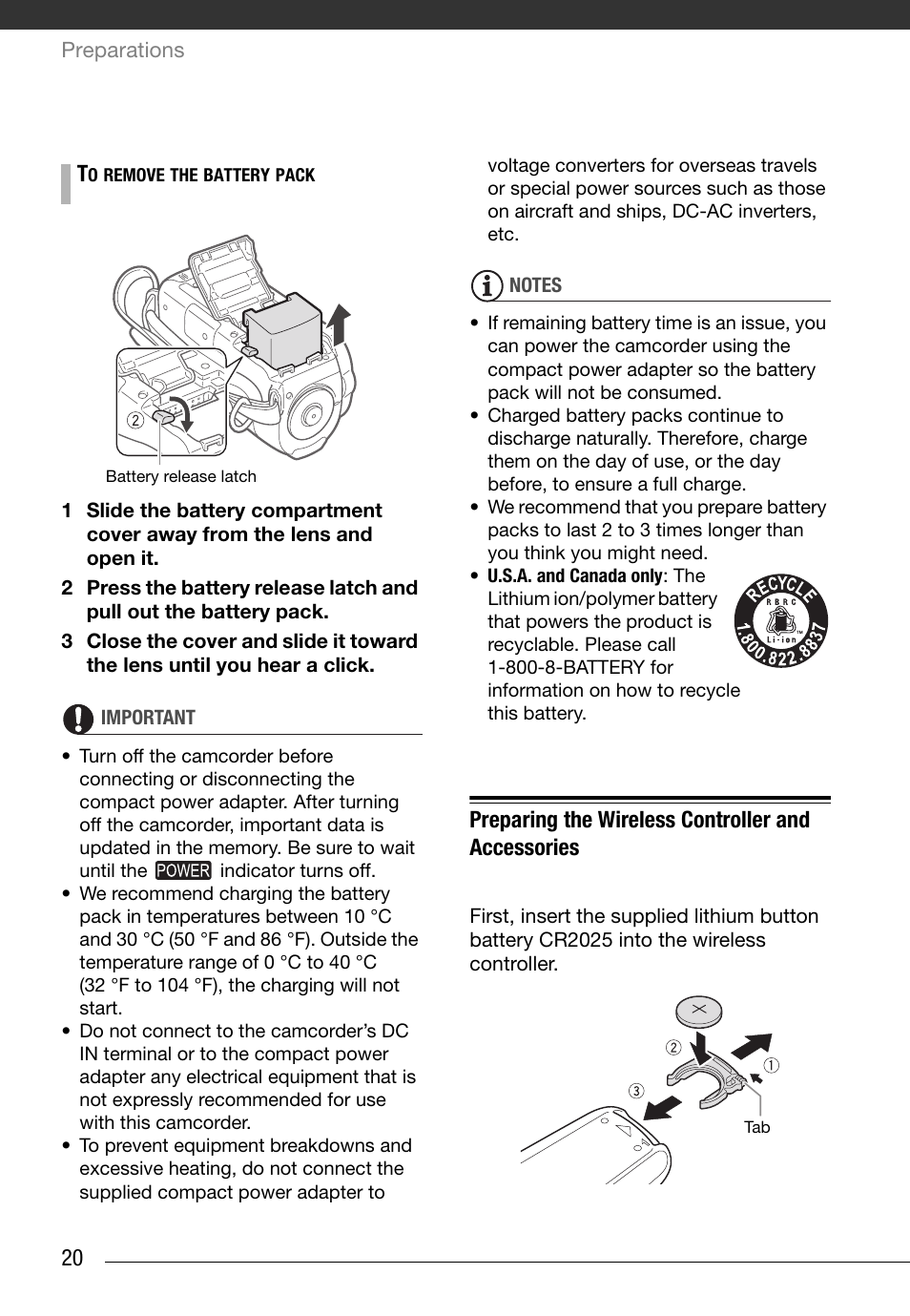 Preparing the wireless controller and accessories | Canon FS10 User Manual | Page 20 / 110