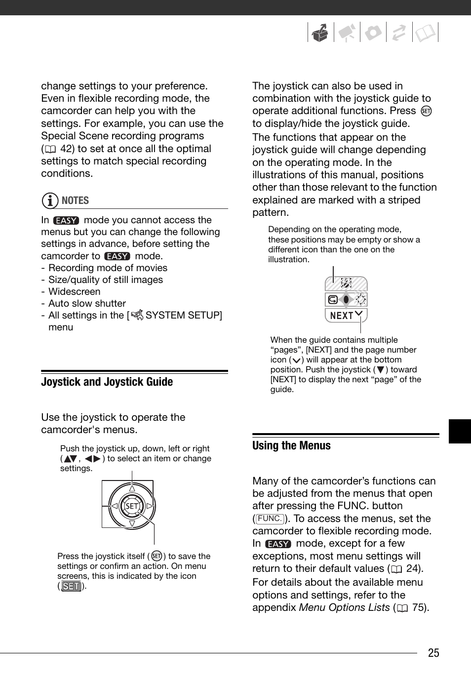 Joystick and joystick guide, Using the menus | Canon FS10 User Manual | Page 25 / 110