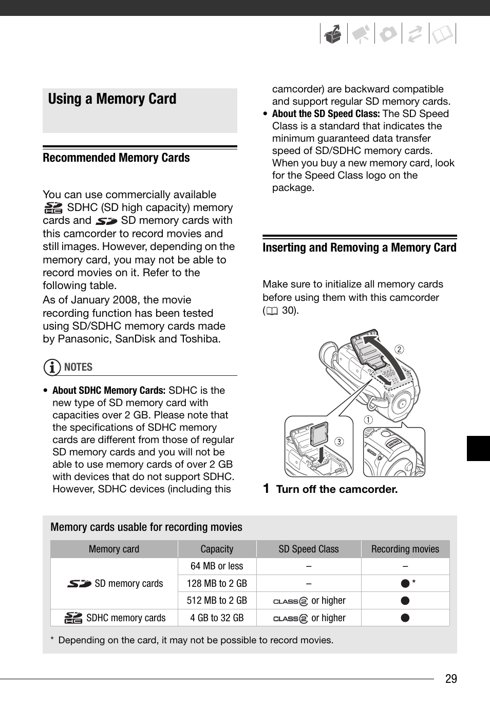 Using a memory card, Recommended memory cards, Inserting and removing a memory card | Canon FS10 User Manual | Page 29 / 110