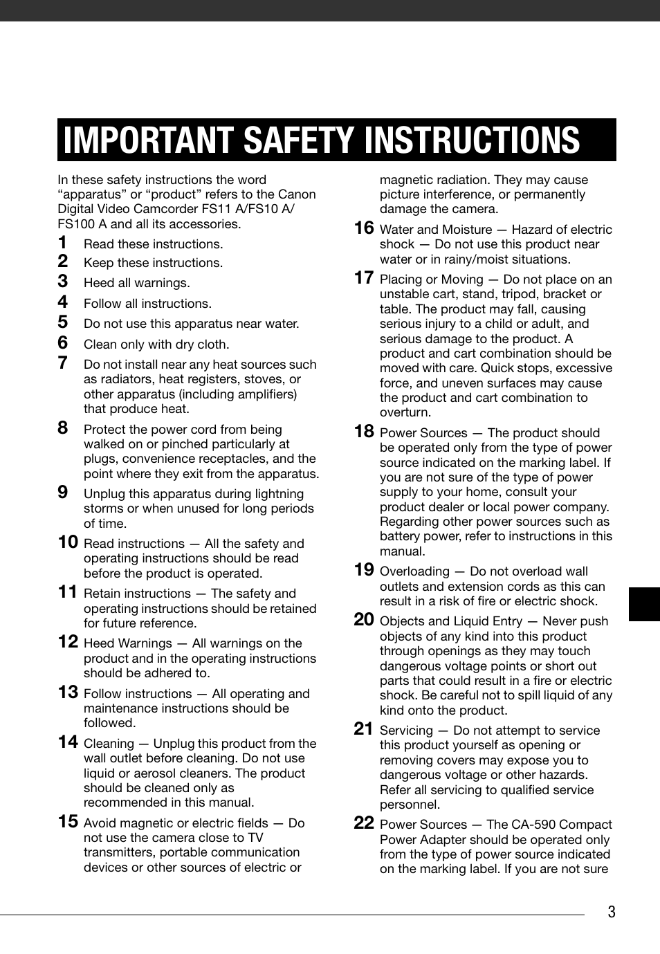 Important safety instructions | Canon FS10 User Manual | Page 3 / 110