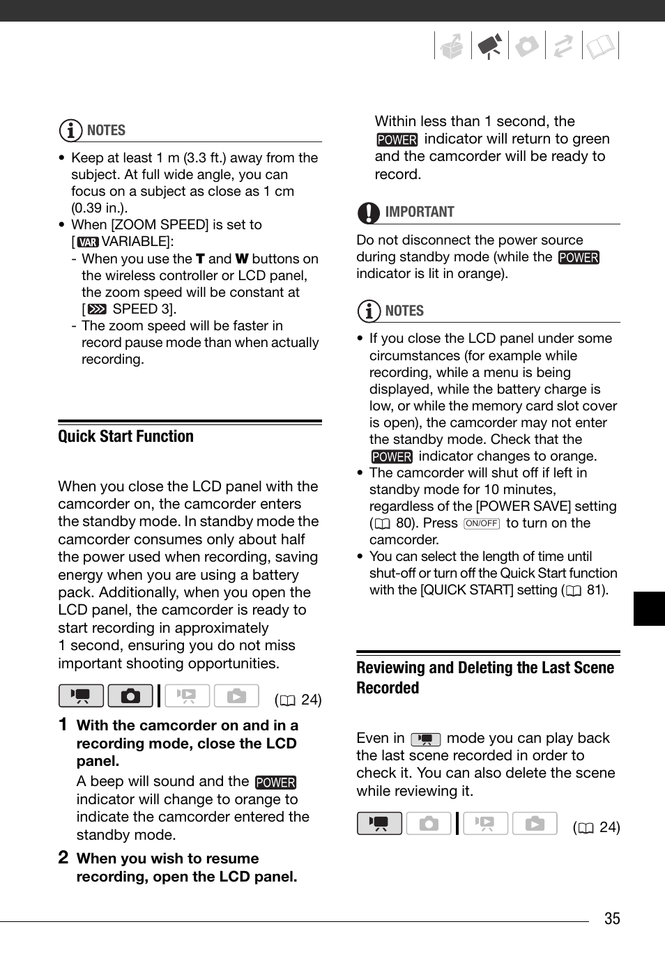 Quick start function, Reviewing and deleting the last scene recorded, 35). p | Canon FS10 User Manual | Page 35 / 110