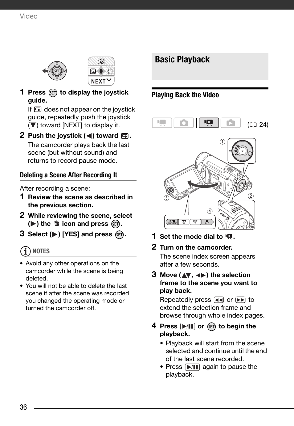 Basic playback, Playing back the video | Canon FS10 User Manual | Page 36 / 110