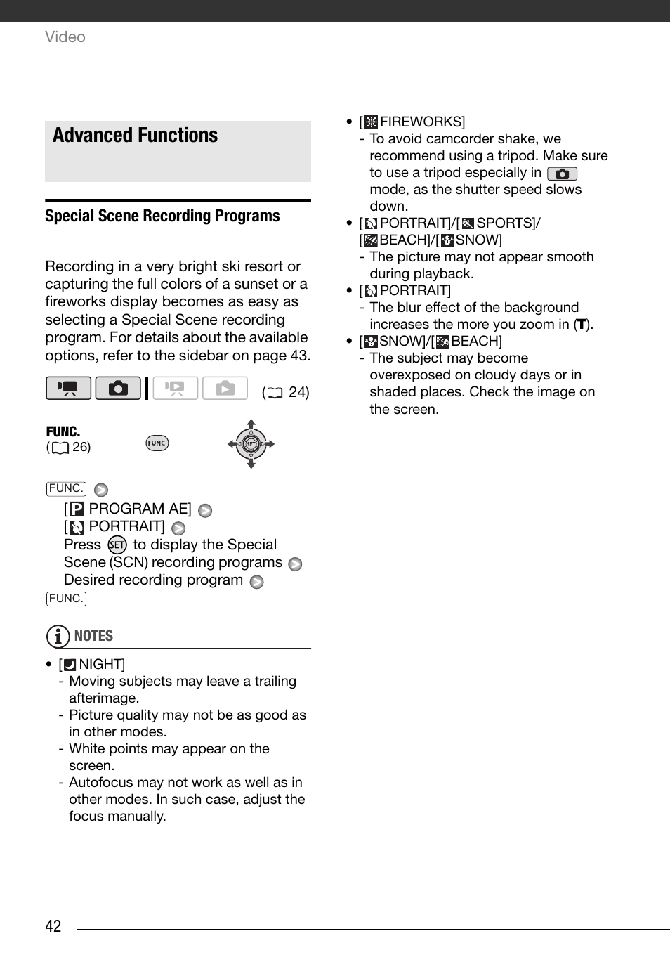 Advanced functions, Special scene recording programs, 42 special scene recording programs | Canon FS10 User Manual | Page 42 / 110