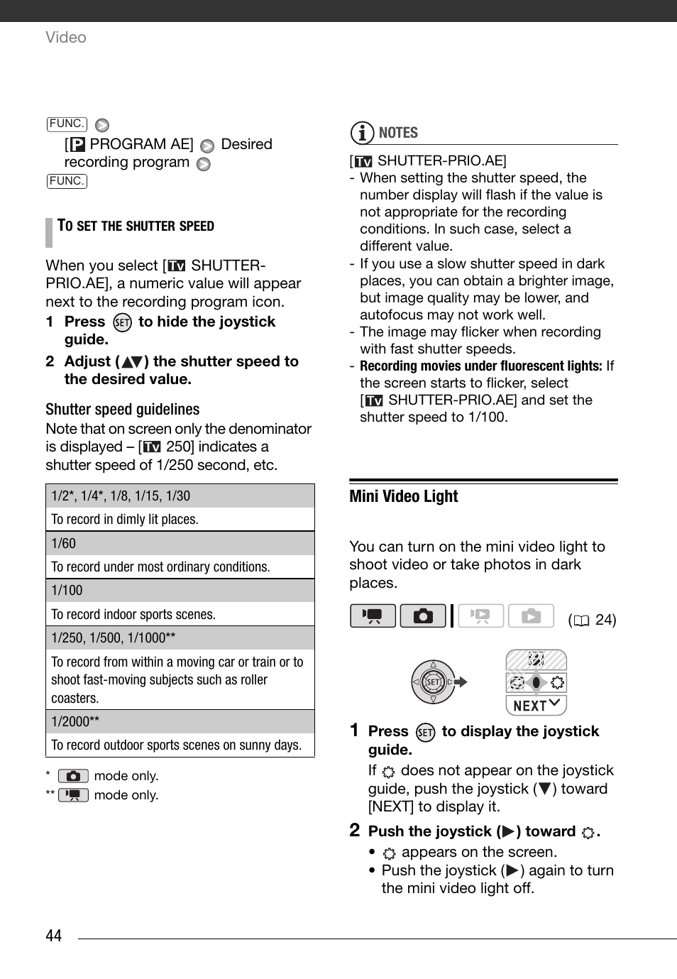 Mini video light | Canon FS10 User Manual | Page 44 / 110