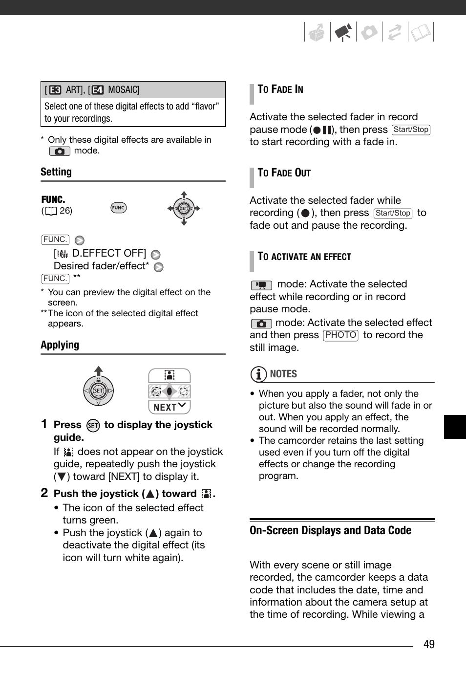 On-screen displays and data code | Canon FS10 User Manual | Page 49 / 110