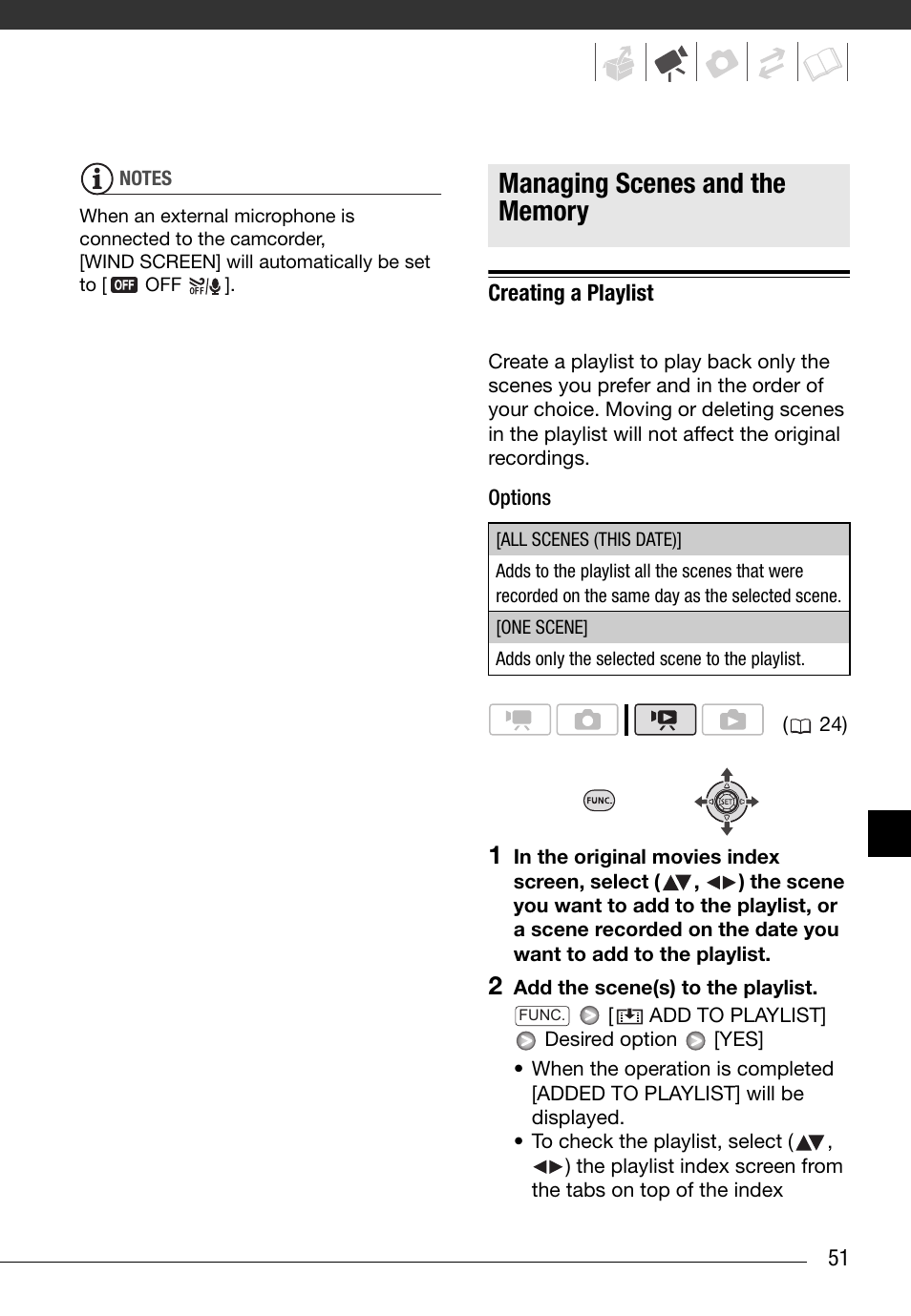 Managing scenes and the memory, Creating a playlist | Canon FS10 User Manual | Page 51 / 110