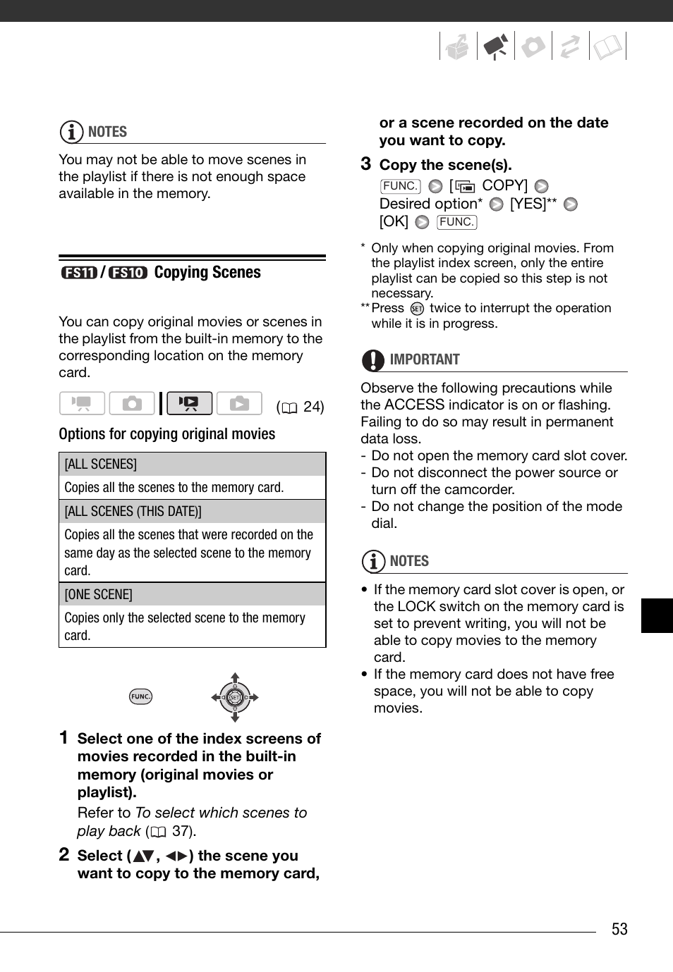 Fs11/fs10 copying scenes, Copying scenes | Canon FS10 User Manual | Page 53 / 110