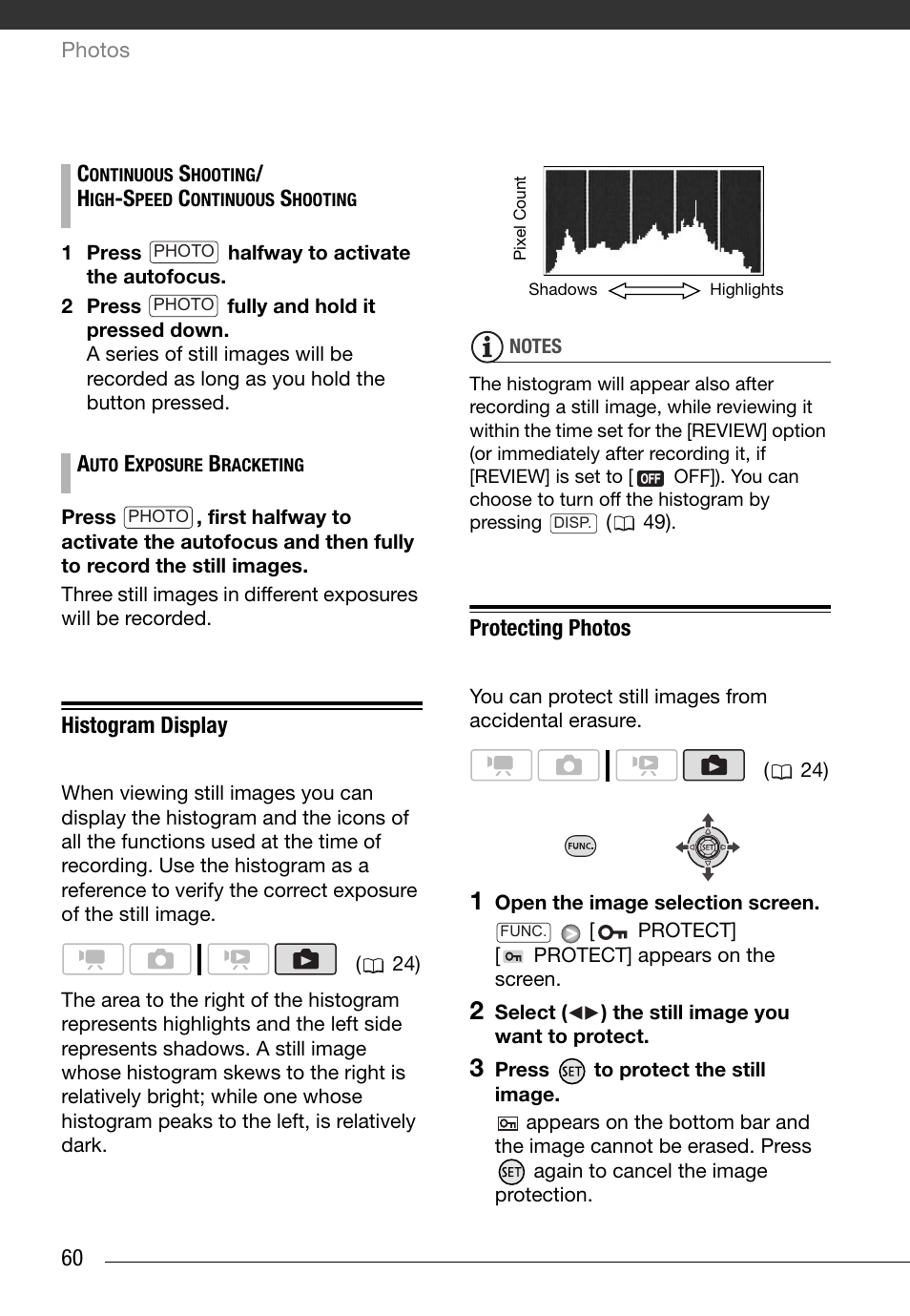 Histogram display, Protecting photos | Canon FS10 User Manual | Page 60 / 110