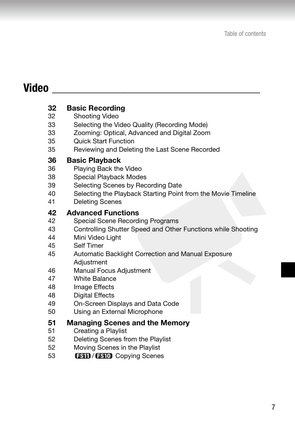 Video | Canon FS10 User Manual | Page 7 / 110