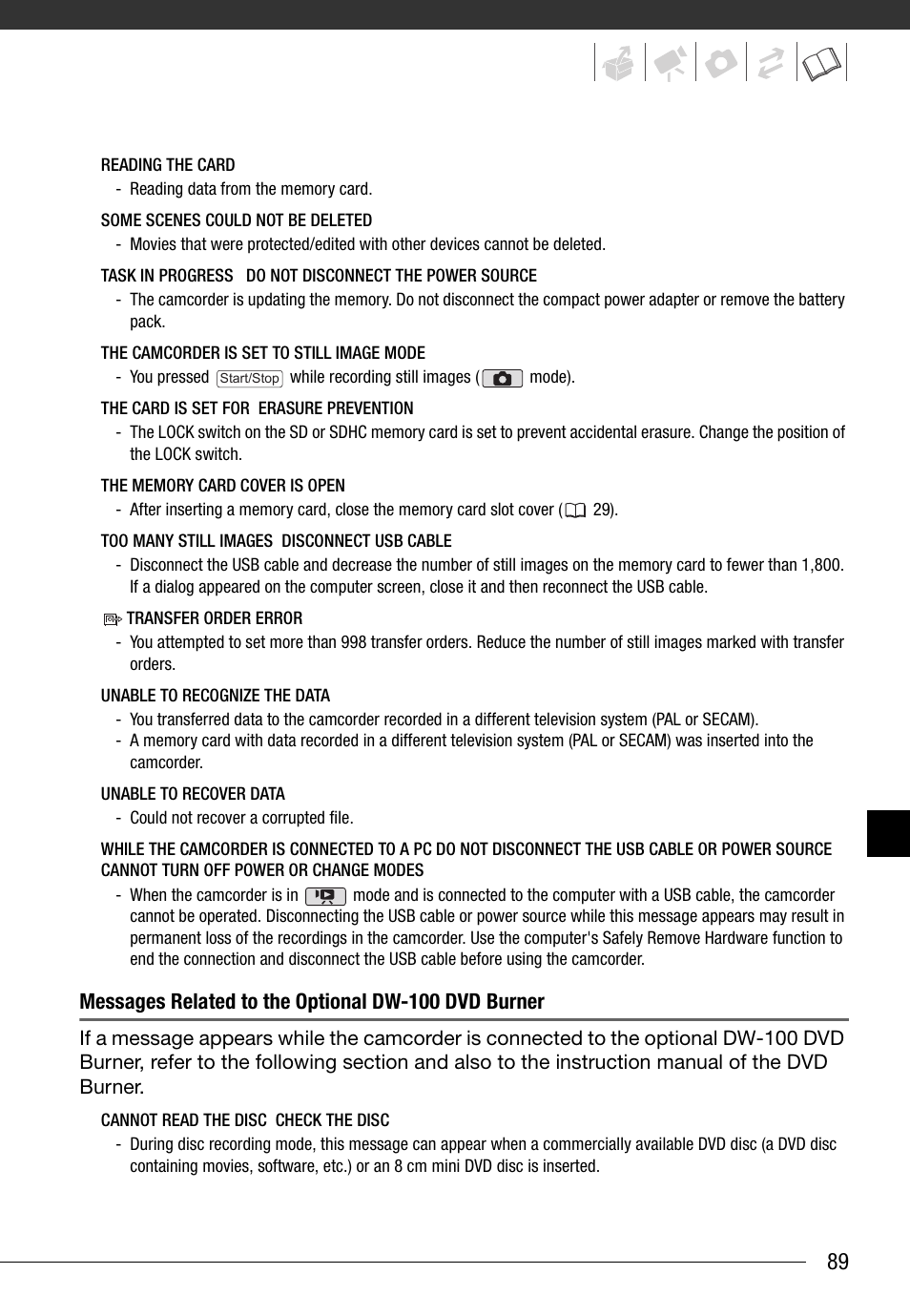 Messages related to the optional dw-100 dvd burner | Canon FS10 User Manual | Page 89 / 110