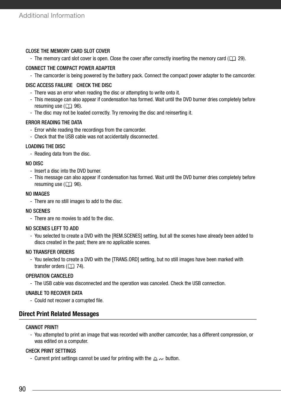 Additional information, Direct print related messages | Canon FS10 User Manual | Page 90 / 110