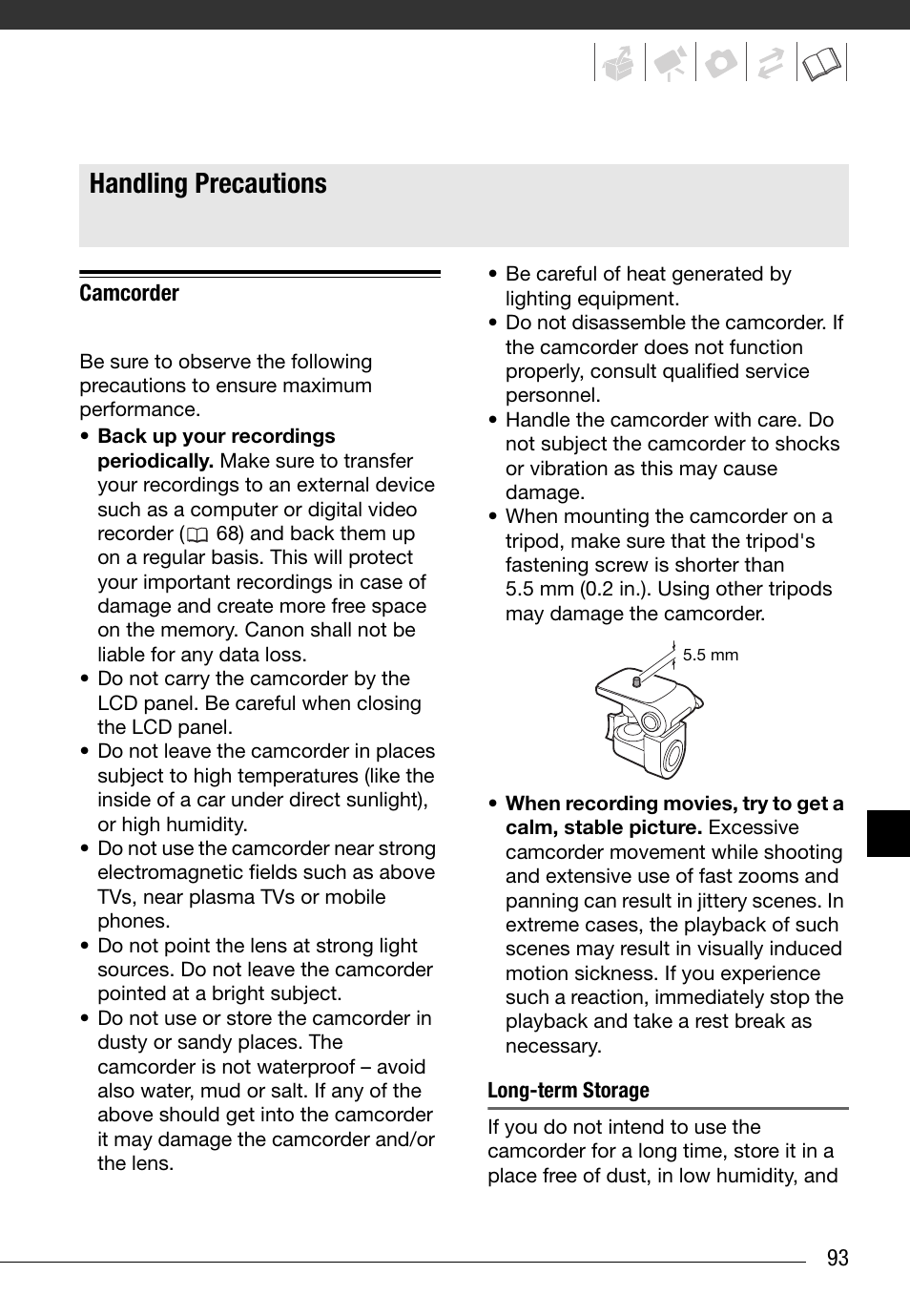 Do’s and don’ts, Handling precautions | Canon FS10 User Manual | Page 93 / 110