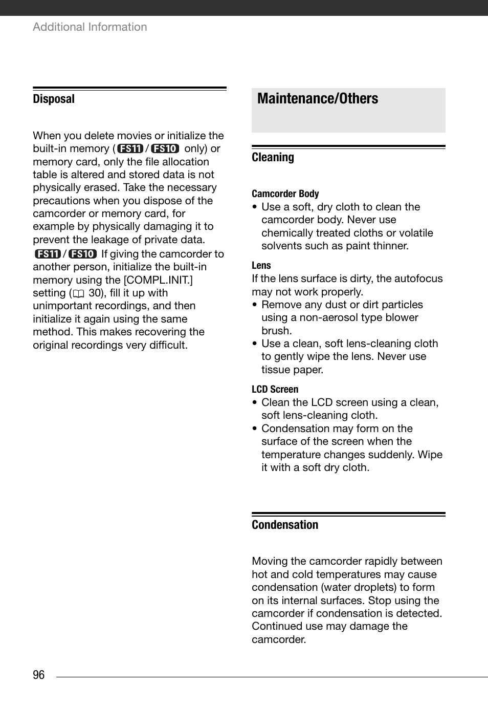 Maintenance/others | Canon FS10 User Manual | Page 96 / 110