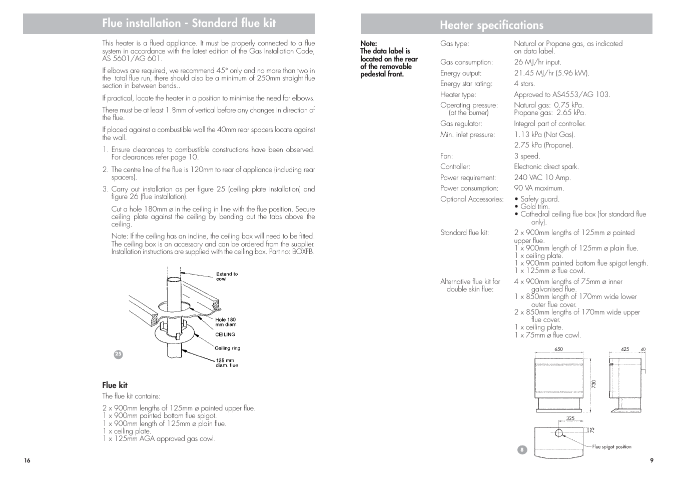 Heater specifications, Flue installation - standard flue kit | Cannon CANTFS-03-NG User Manual | Page 16 / 24