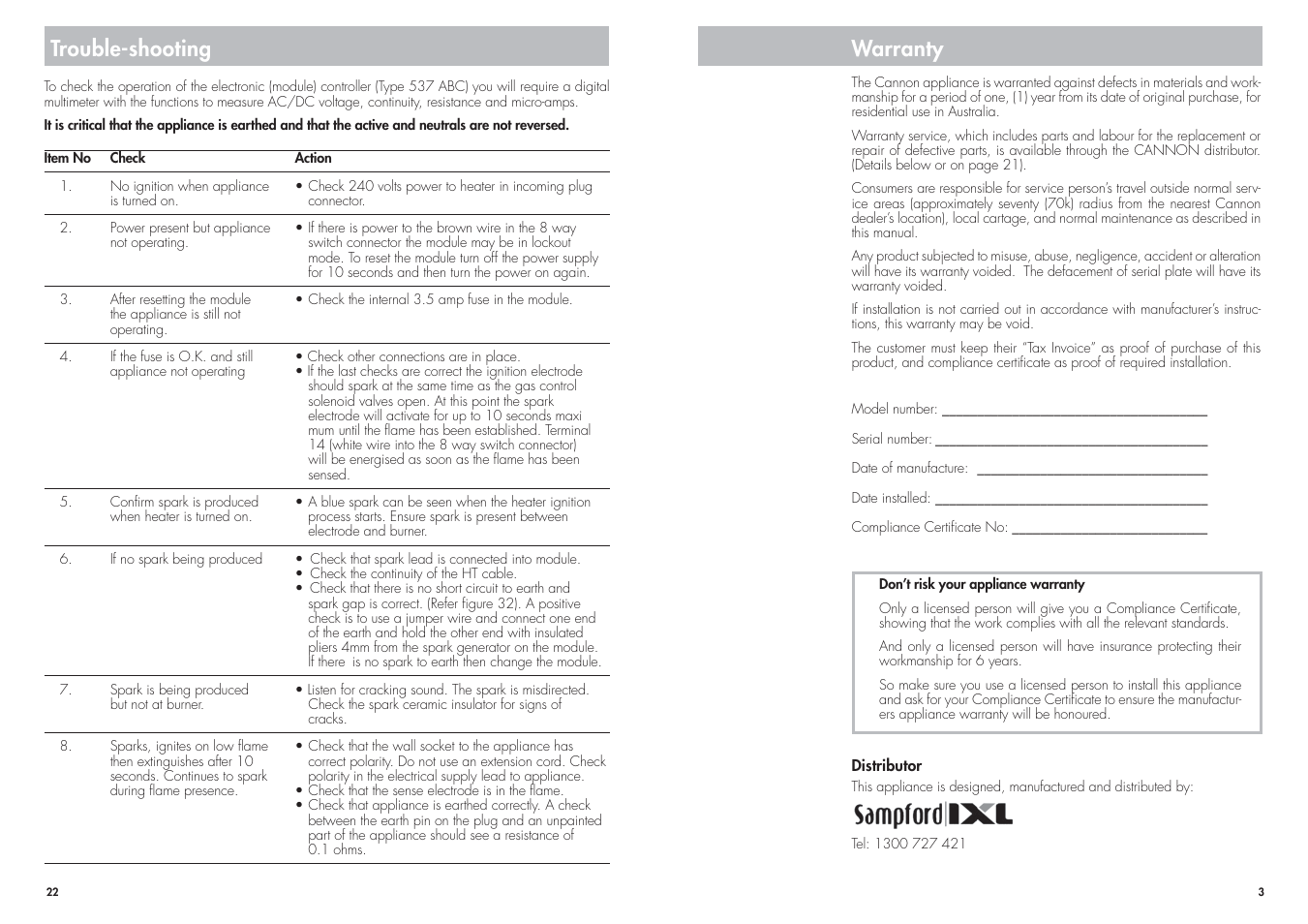 Warranty, Trouble-shooting | Cannon CANTFS-03-NG User Manual | Page 22 / 24