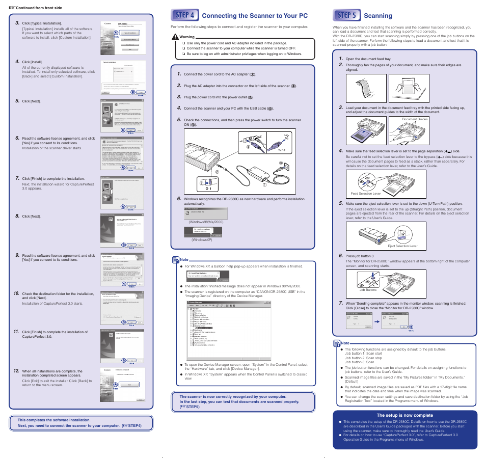 Connecting the scanner to your pc, Scanning | Canon DR-2580C User Manual | Page 2 / 2