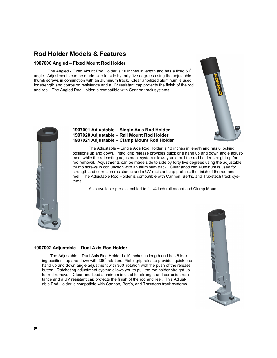 Rod holder models & features | Cannon Adjustable Rail Mount 1907020 User Manual | Page 2 / 6