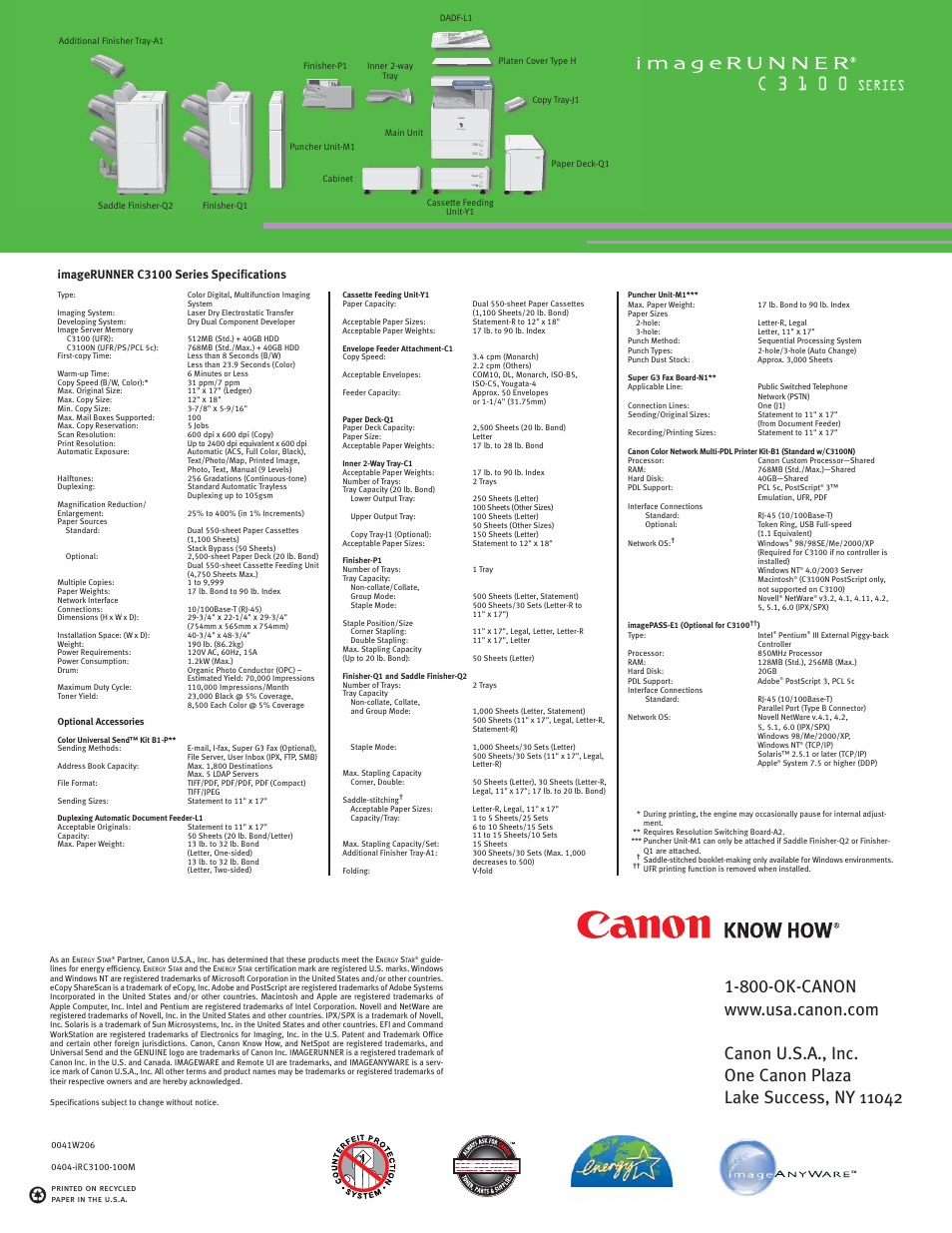 Imagerunner c3100 series specifications | Canon C3100 User Manual | Page 16 / 16