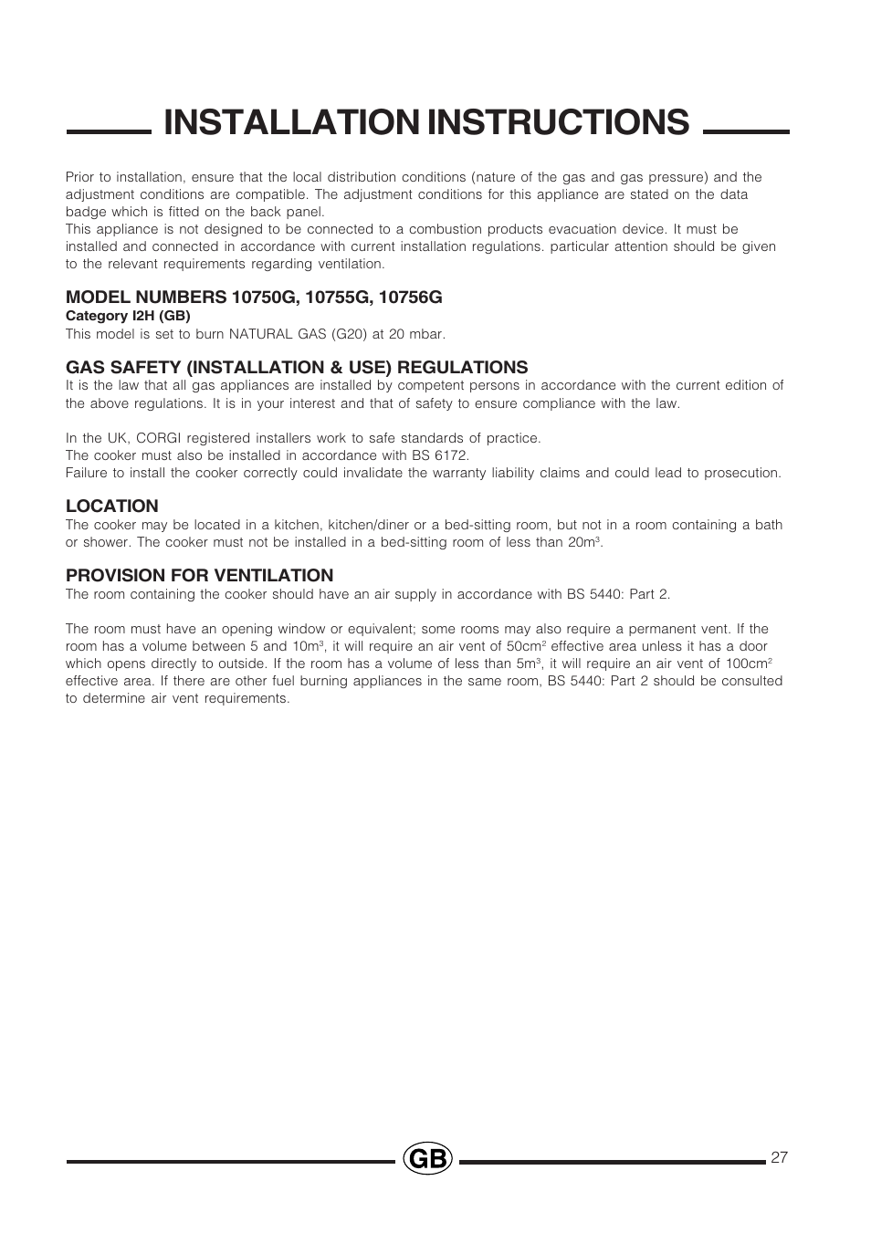 Installation instructions, Gas safety (installation & use) regulations, Location | Provision for ventilation | Cannon Professional User Manual | Page 27 / 36
