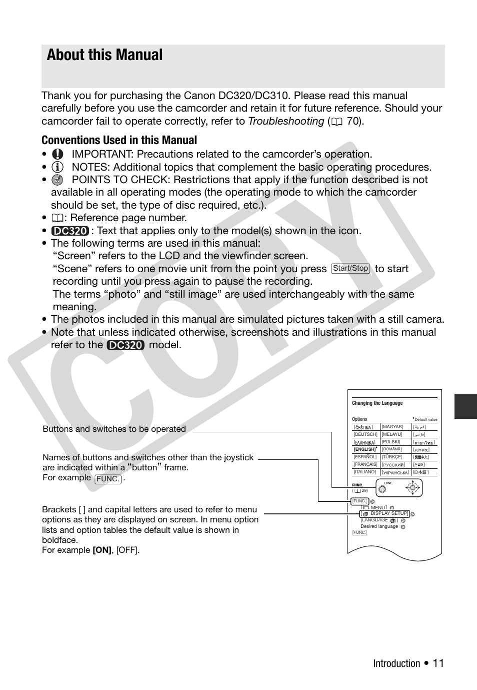 About this manual, Co py, Conventions used in this manual | Canon DC 310 User Manual | Page 11 / 93