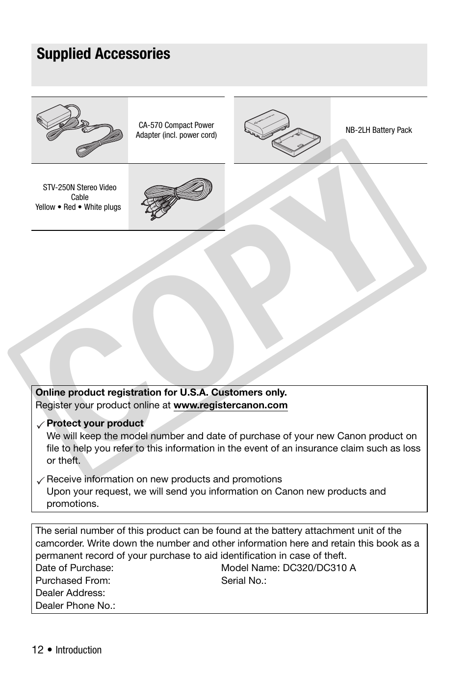 Getting to know the camcorder, Supplied accessories, Co py | Canon DC 310 User Manual | Page 12 / 93