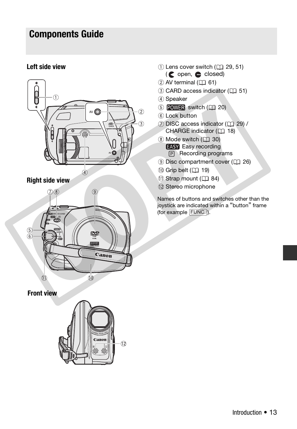 Components guide, Co p y | Canon DC 310 User Manual | Page 13 / 93