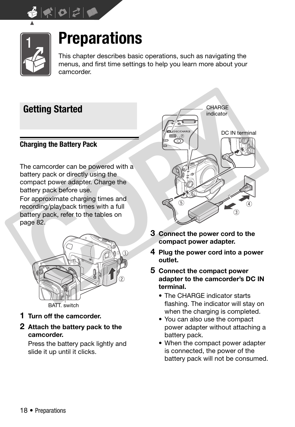 Preparations, Getting started, Charging the battery pack | Co py | Canon DC 310 User Manual | Page 18 / 93