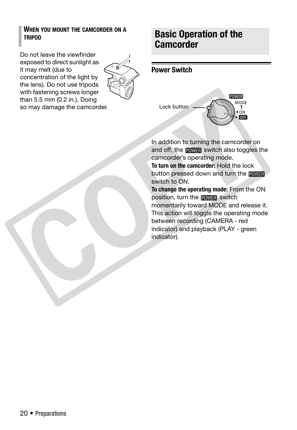 Basic operation of the camcorder, Power switch, Co py | Canon DC 310 User Manual | Page 20 / 93