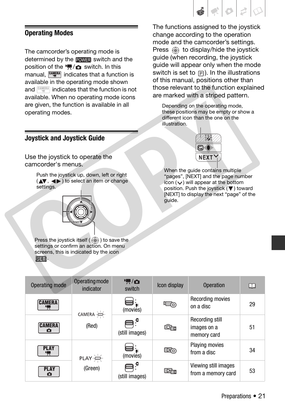 Operating modes, Joystick and joystick guide, Co py | Canon DC 310 User Manual | Page 21 / 93