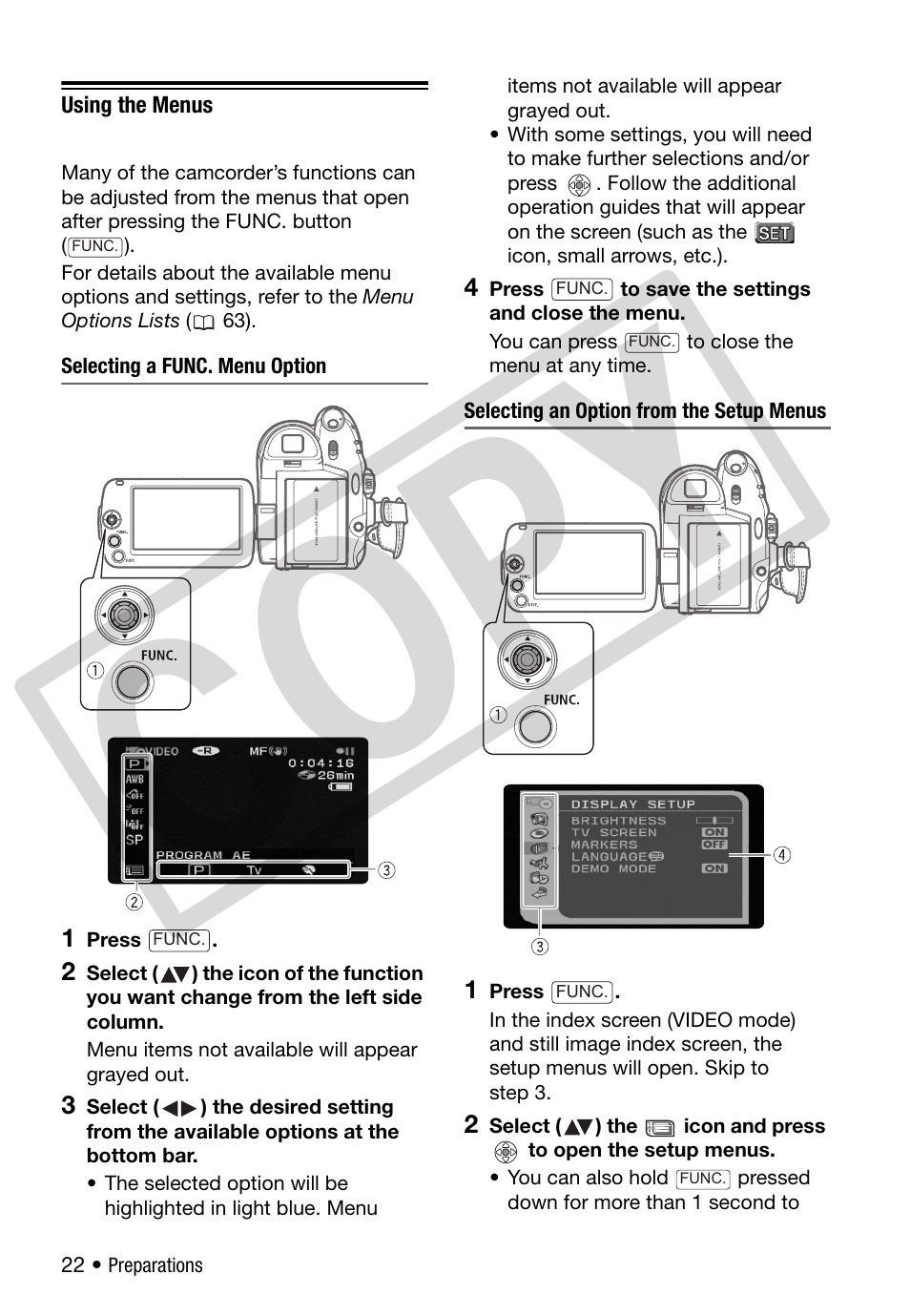 Using the menus, Co py | Canon DC 310 User Manual | Page 22 / 93