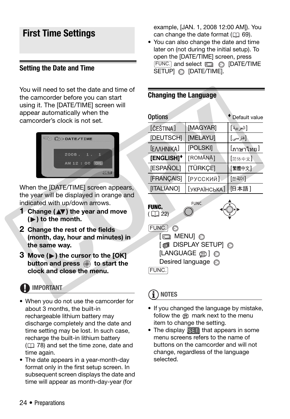 First time settings, Setting the date and time, Changing the language | C o py | Canon DC 310 User Manual | Page 24 / 93