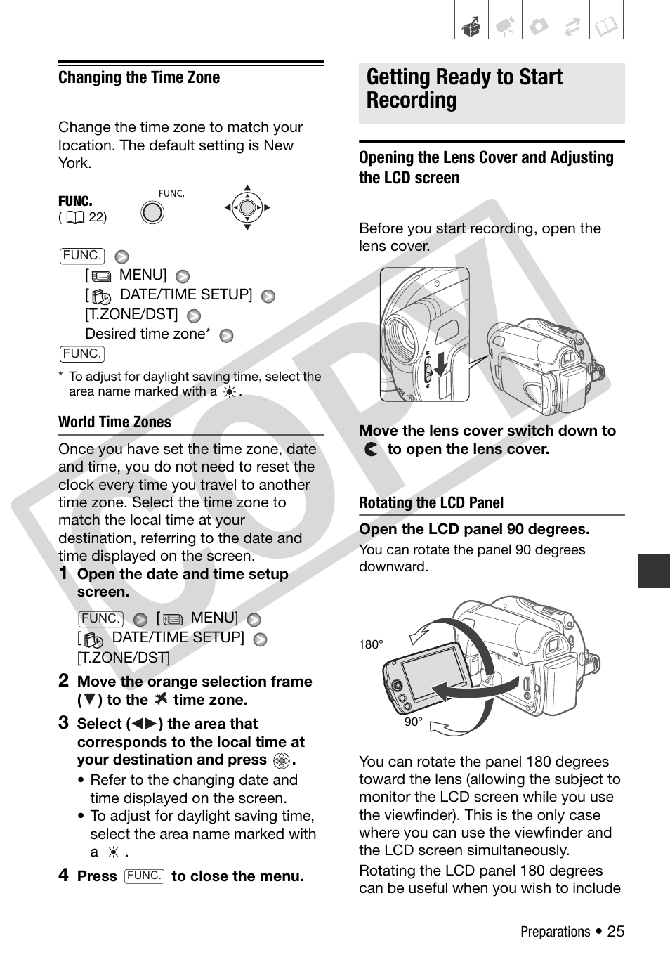 Changing the time zone, Getting ready to start recording, Co py | Canon DC 310 User Manual | Page 25 / 93