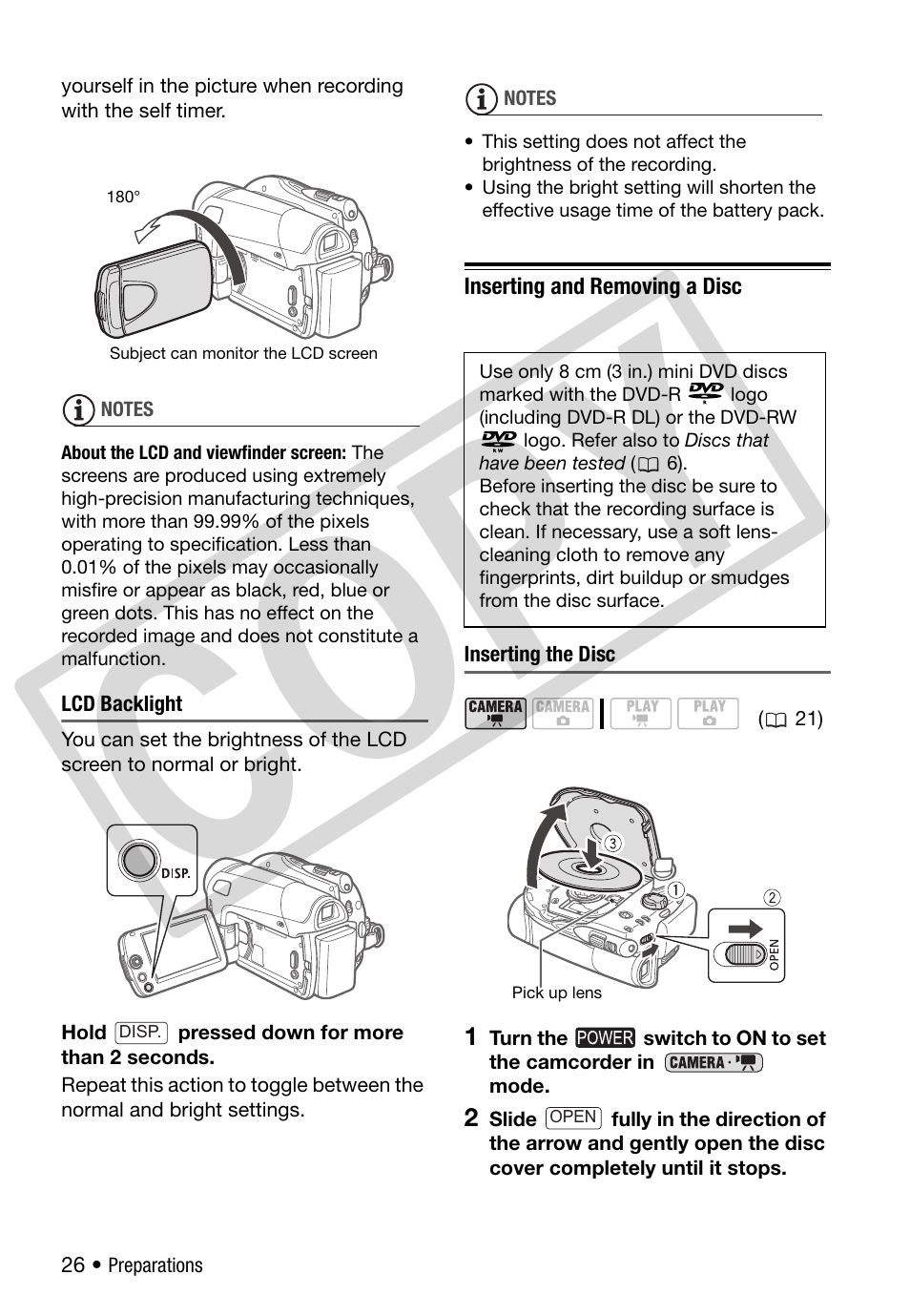 Inserting and removing a disc, Co py | Canon DC 310 User Manual | Page 26 / 93