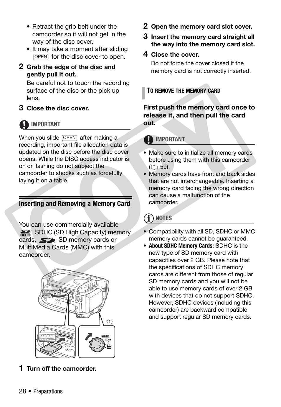 Inserting and removing a memory card, Co py | Canon DC 310 User Manual | Page 28 / 93