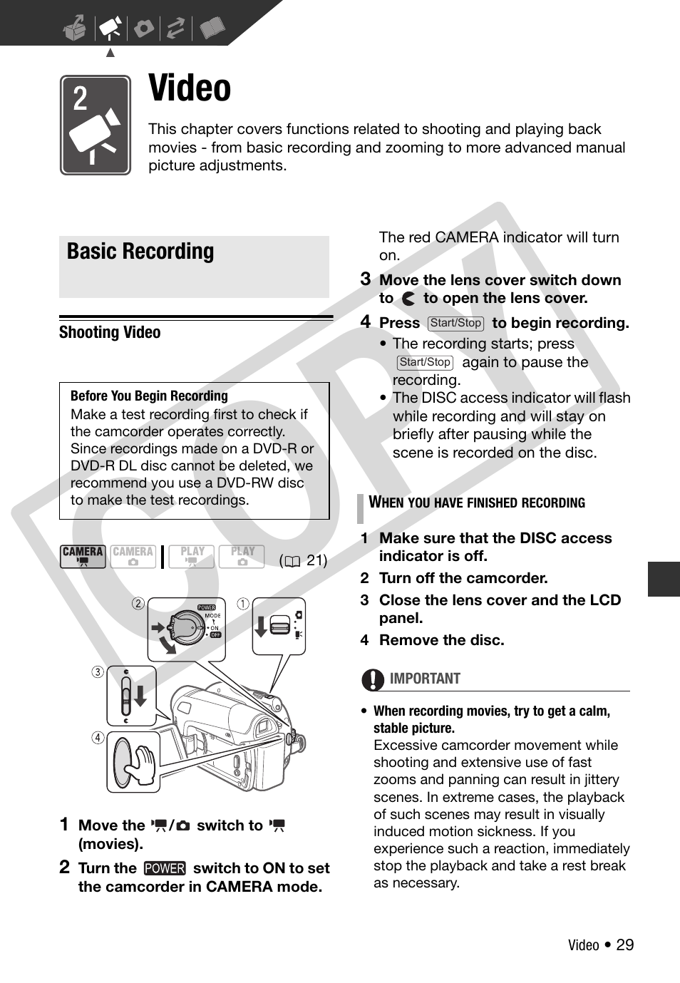 Video, Basic recording, Shooting video | Co py | Canon DC 310 User Manual | Page 29 / 93