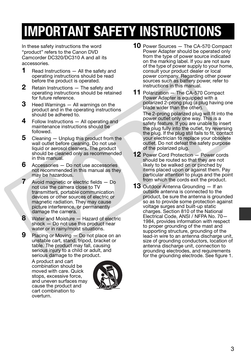 Co py, Important safety instructions | Canon DC 310 User Manual | Page 3 / 93