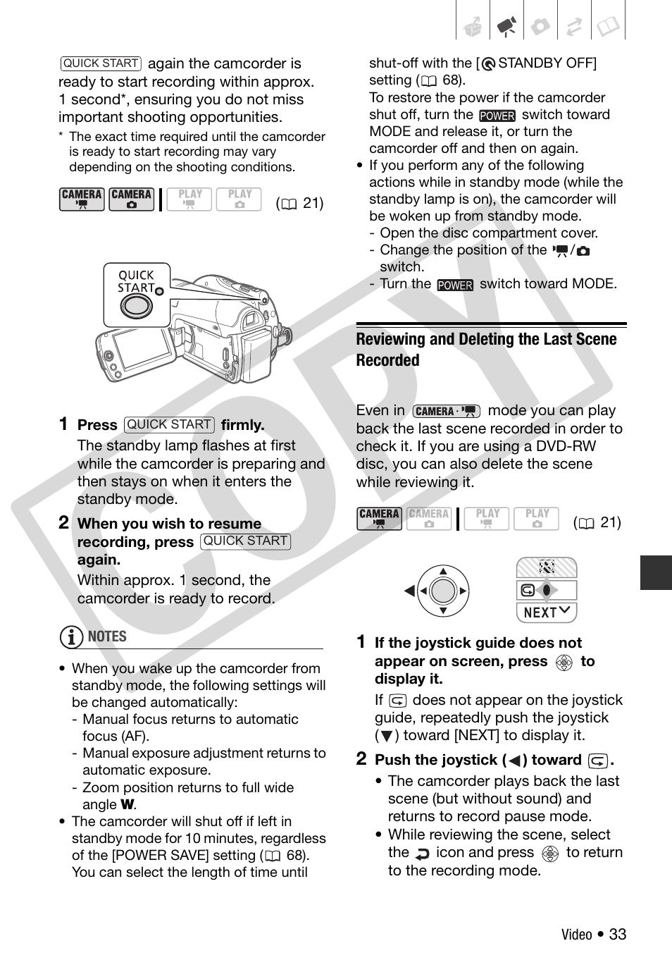 Reviewing and deleting the last scene recorded, Co py | Canon DC 310 User Manual | Page 33 / 93