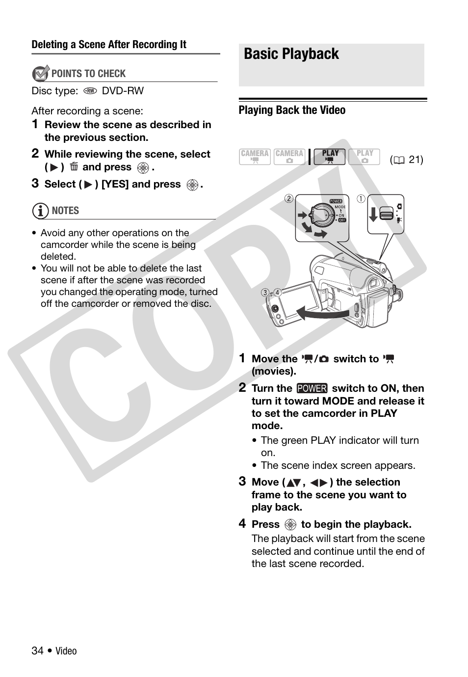 Basic playback, Playing back the video, Co py | Canon DC 310 User Manual | Page 34 / 93