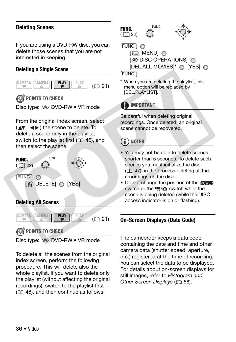 Deleting scenes, On-screen displays (data code), Co py | Canon DC 310 User Manual | Page 36 / 93