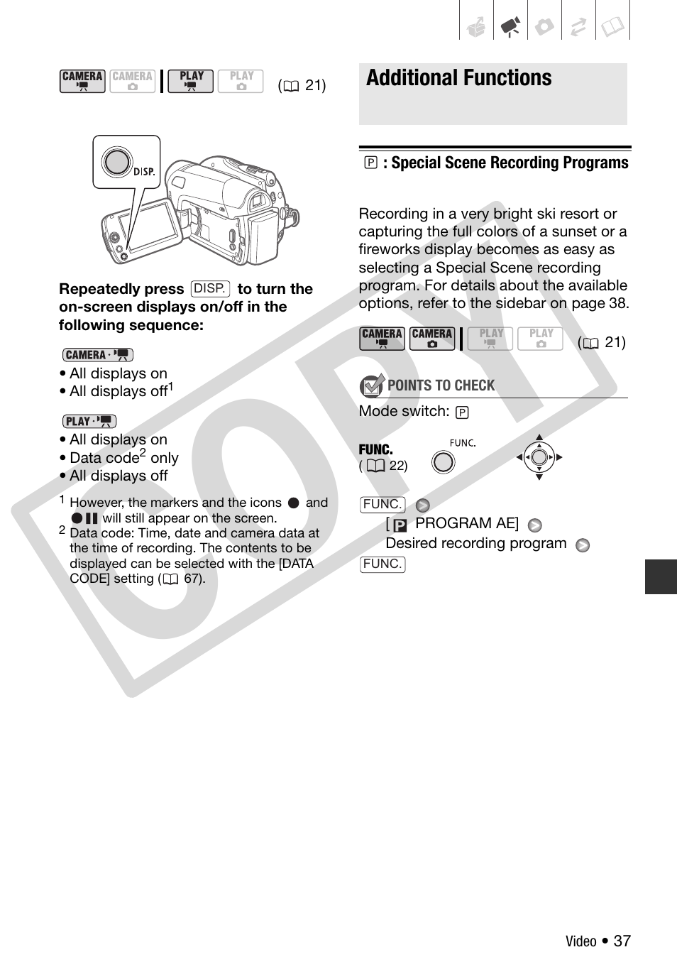 Additional functions, P: special scene recording programs, Special scene recording programs | 37) o, C o py | Canon DC 310 User Manual | Page 37 / 93