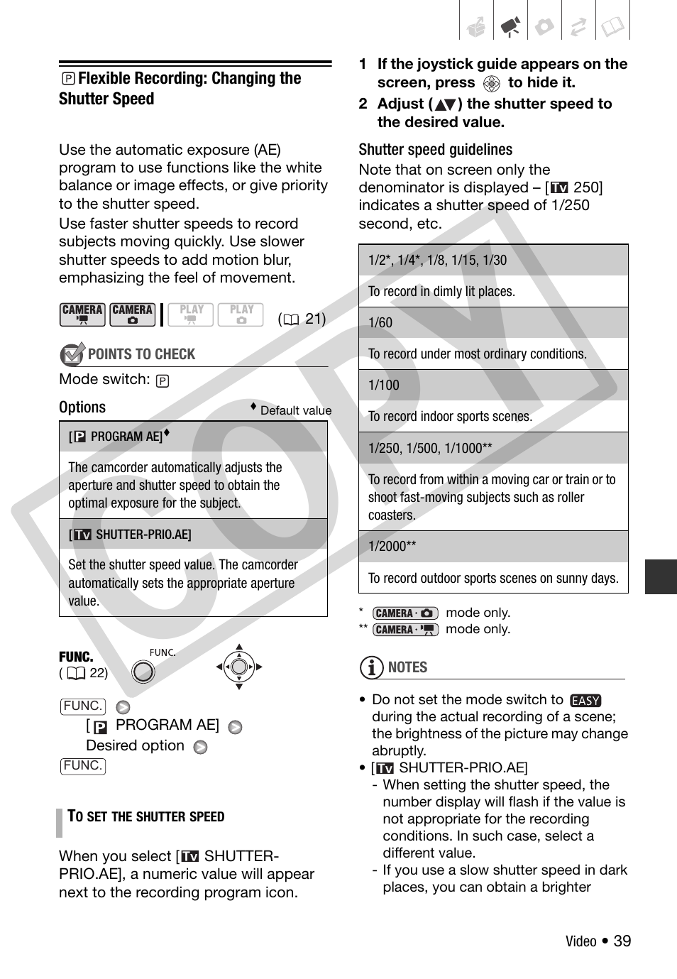 P flexible recording: changing the shutter speed, Flexible recording: changing the shutter speed, 39) you | Co py | Canon DC 310 User Manual | Page 39 / 93