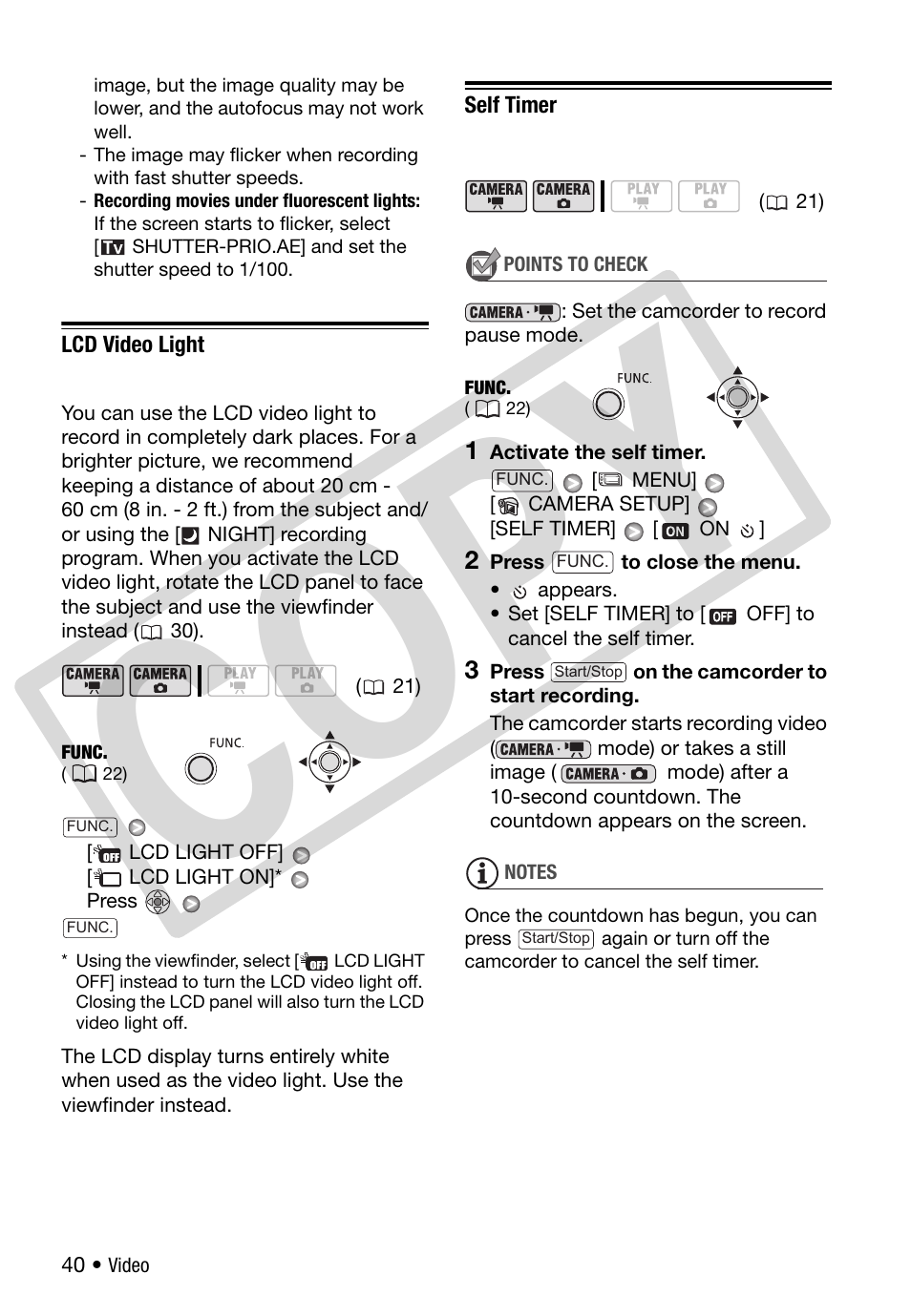 Lcd video light, Self timer, C o py | Canon DC 310 User Manual | Page 40 / 93