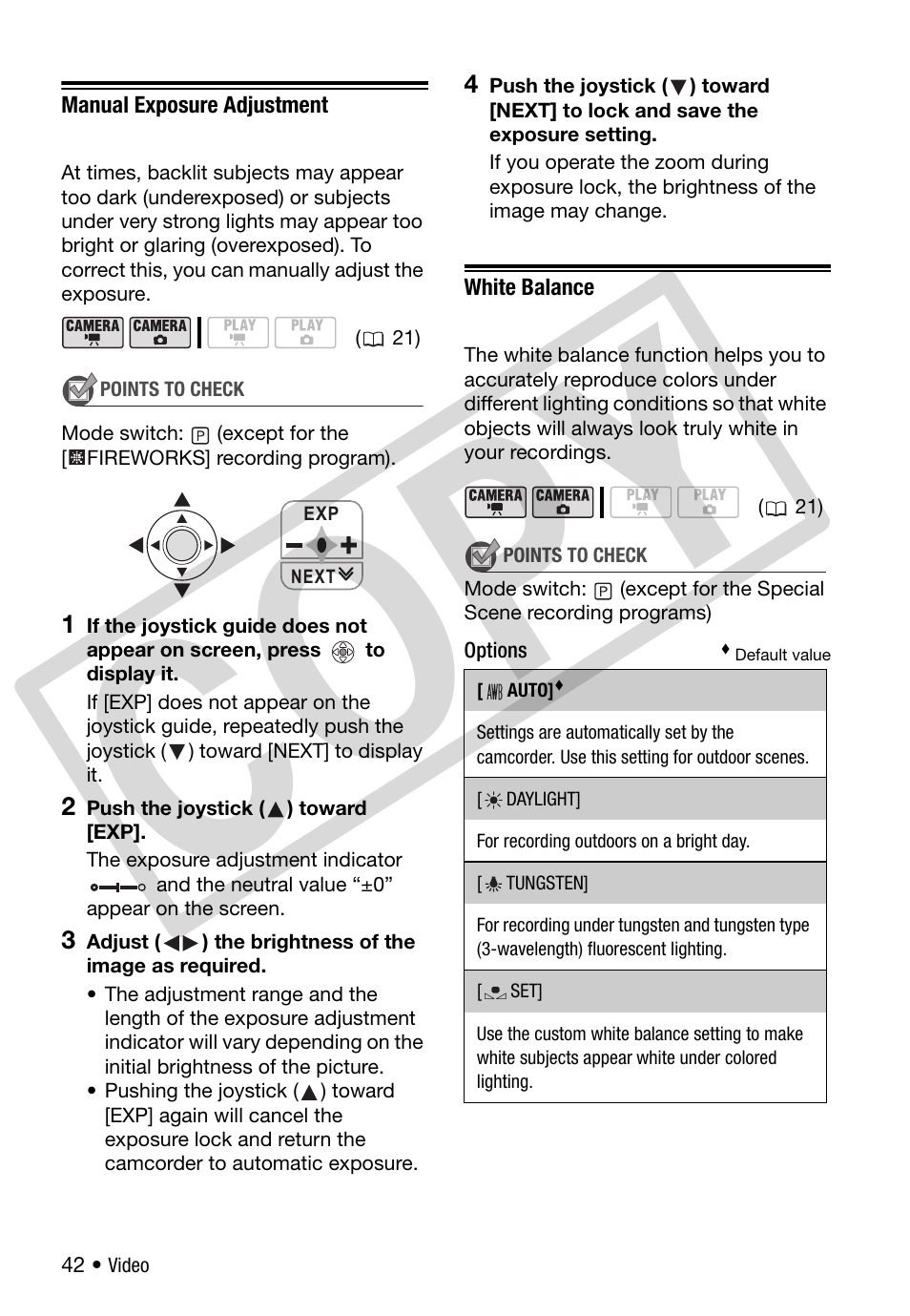 Manual exposure adjustment, White balance, Co py | Canon DC 310 User Manual | Page 42 / 93