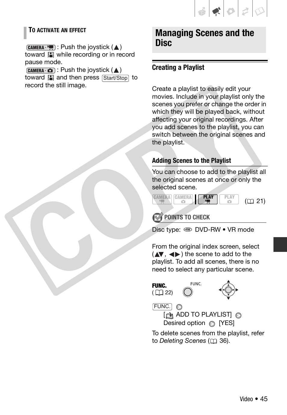 Managing scenes and the disc, Creating a playlist, Co py | Canon DC 310 User Manual | Page 45 / 93