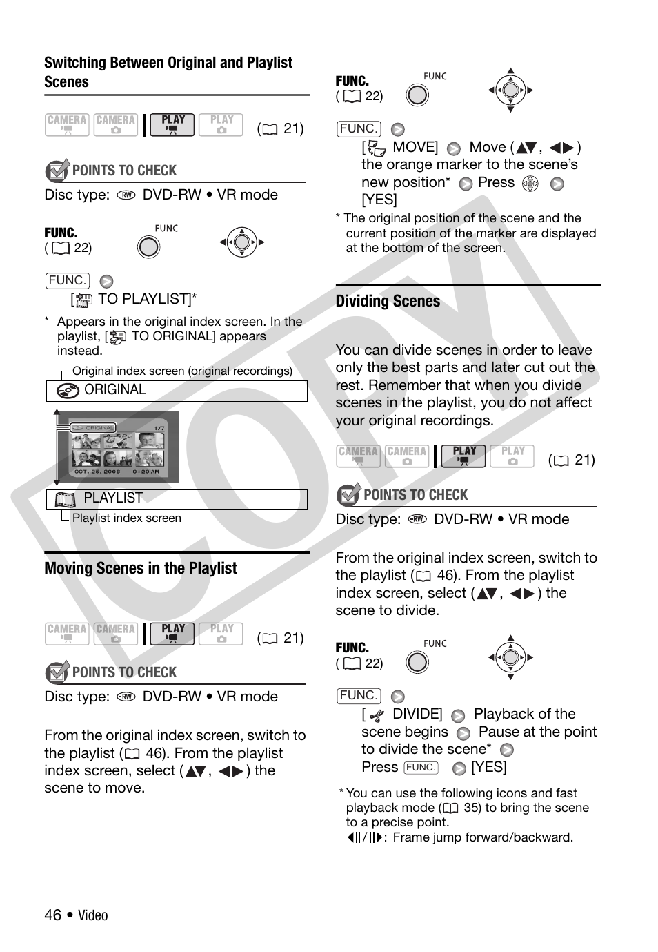 Moving scenes in the playlist, Dividing scenes, 46), and | Co py | Canon DC 310 User Manual | Page 46 / 93