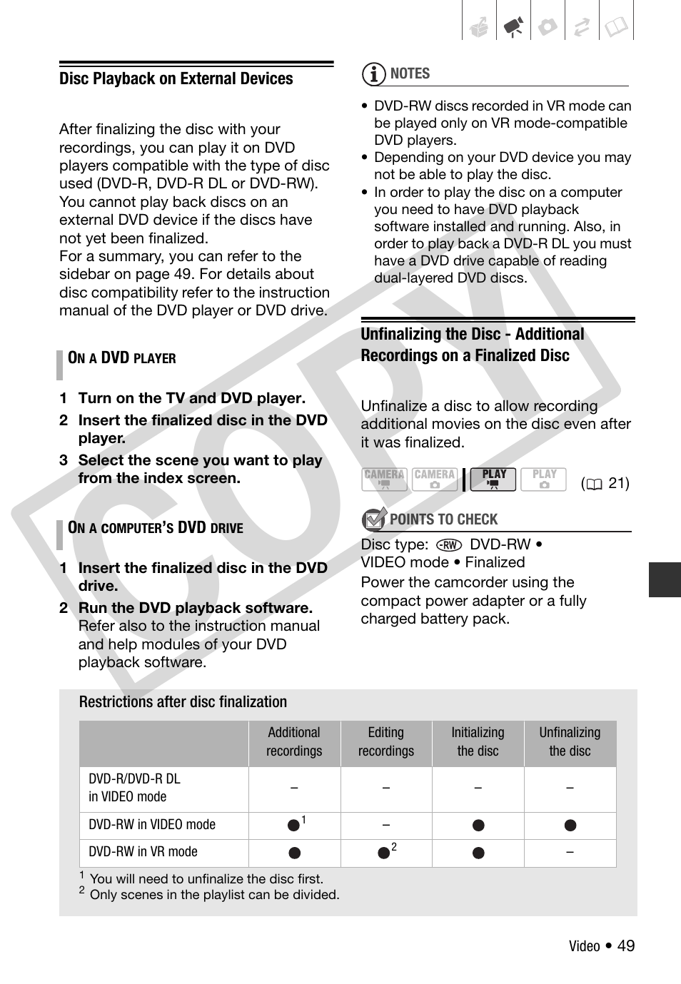 Disc playback on external devices, Co py | Canon DC 310 User Manual | Page 49 / 93