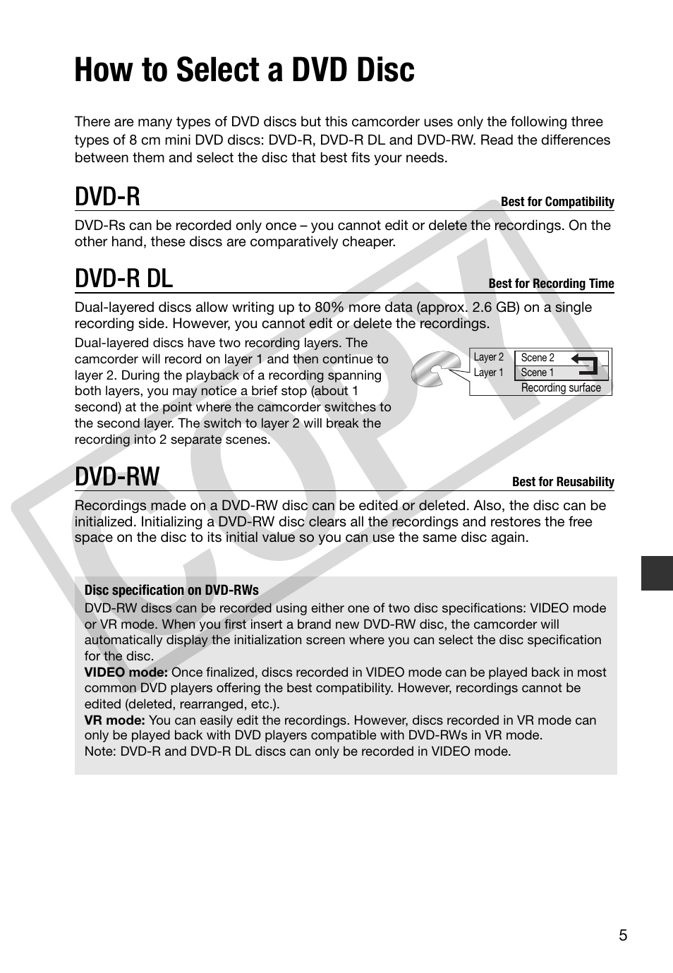 How to select a dvd disc, Co py | Canon DC 310 User Manual | Page 5 / 93