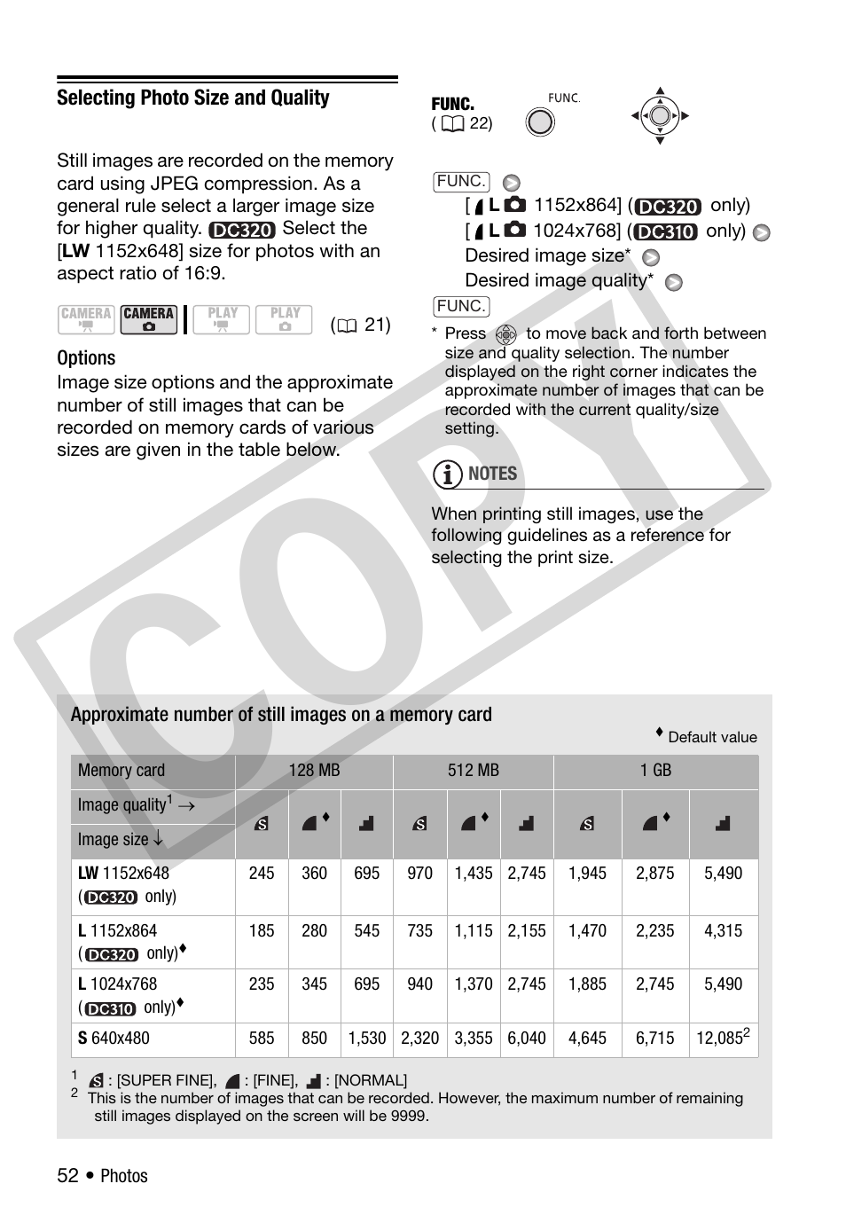 Selecting photo size and quality, Co py | Canon DC 310 User Manual | Page 52 / 93